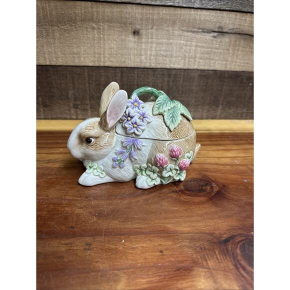 Fitz and Floyd Bunny Floral Botanical Trinket Box Candy Dish - Picture 1 of 7